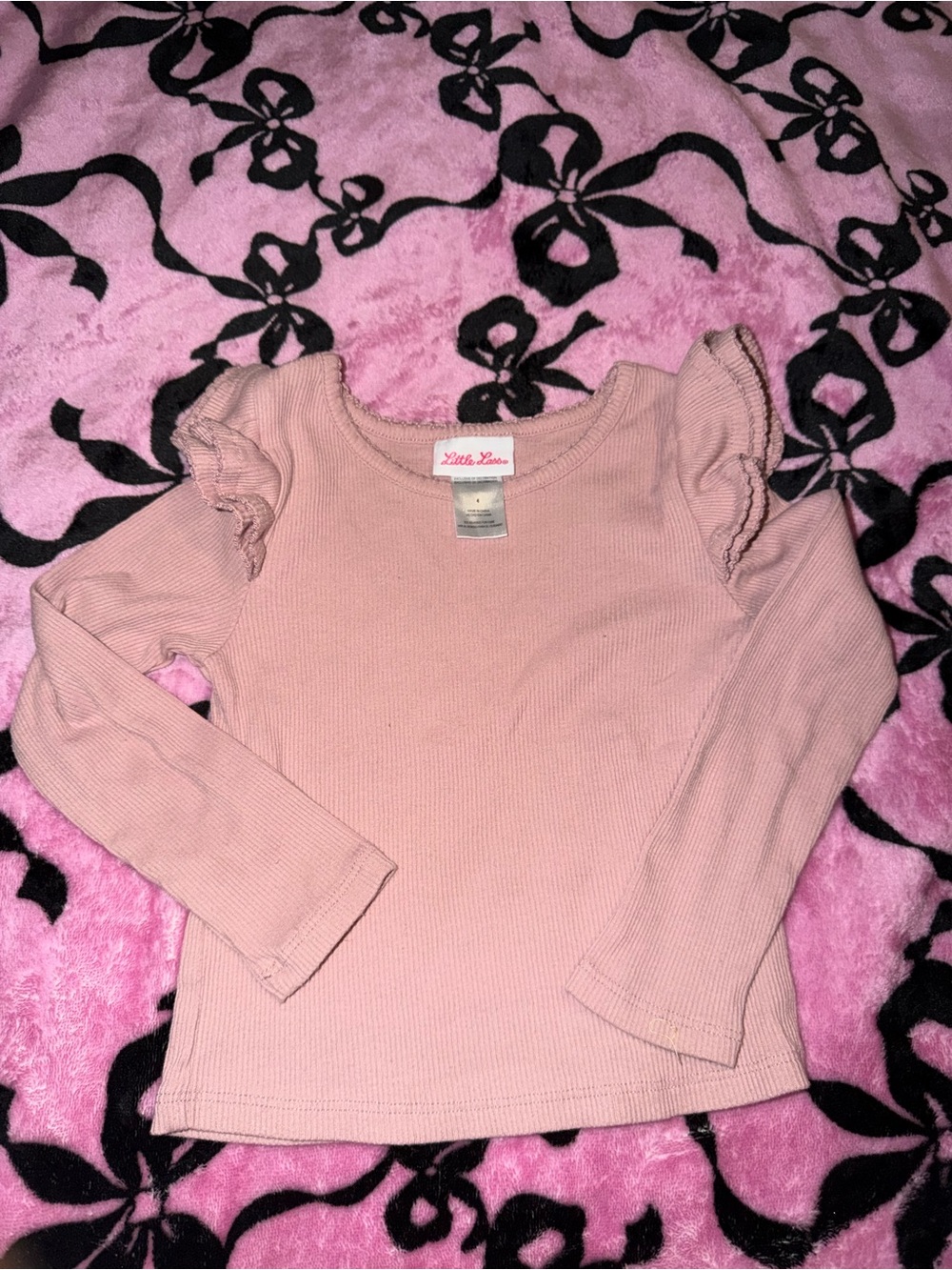 Little Lass Light Pink Ruffle-Shoulder Ribbed Long Sleeve Top